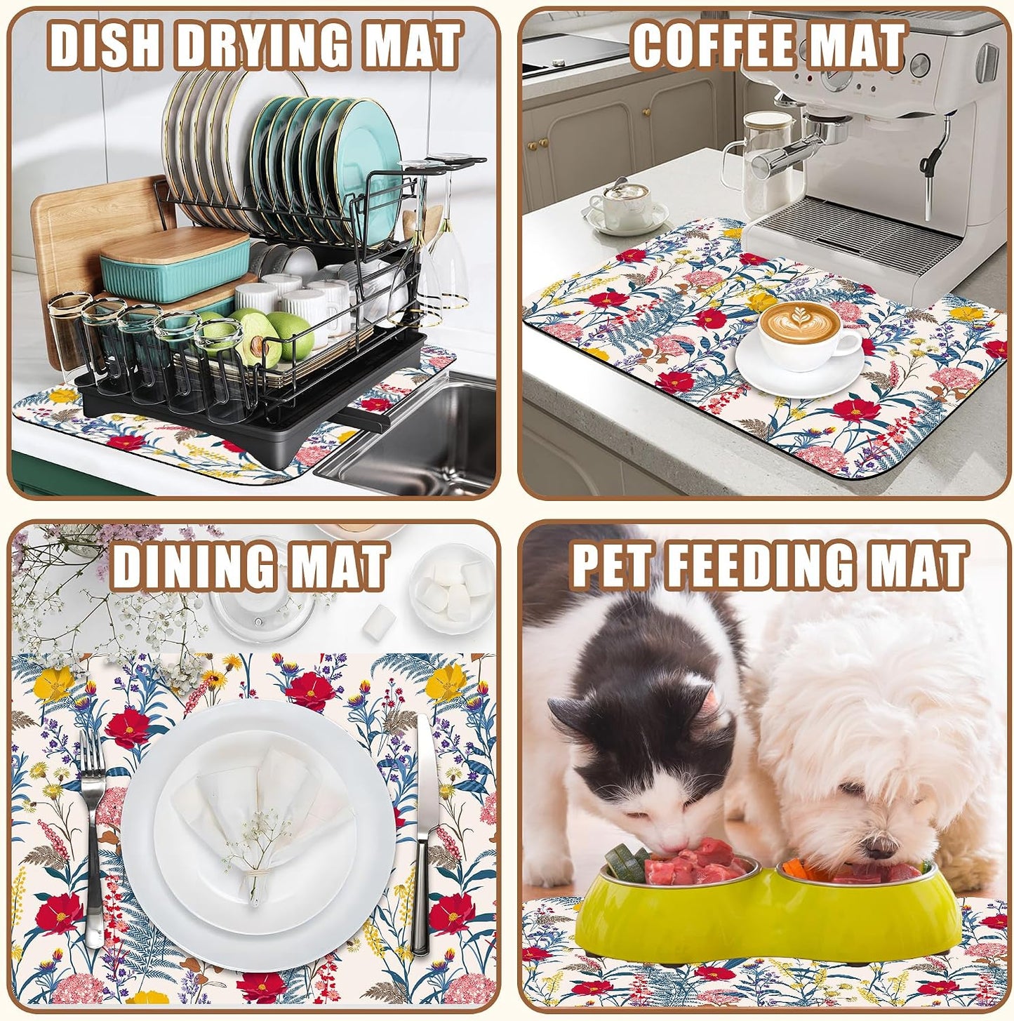 Botanical Dish Drying Mat Spring Flowers Coffee Bar Mat for Countertop Absorbent Rubber Backed Hide Stain Dish Drainer Rack Pad Espresso Machine Cafe Table Dining Room Decor 11.8 x 19.7 Inch