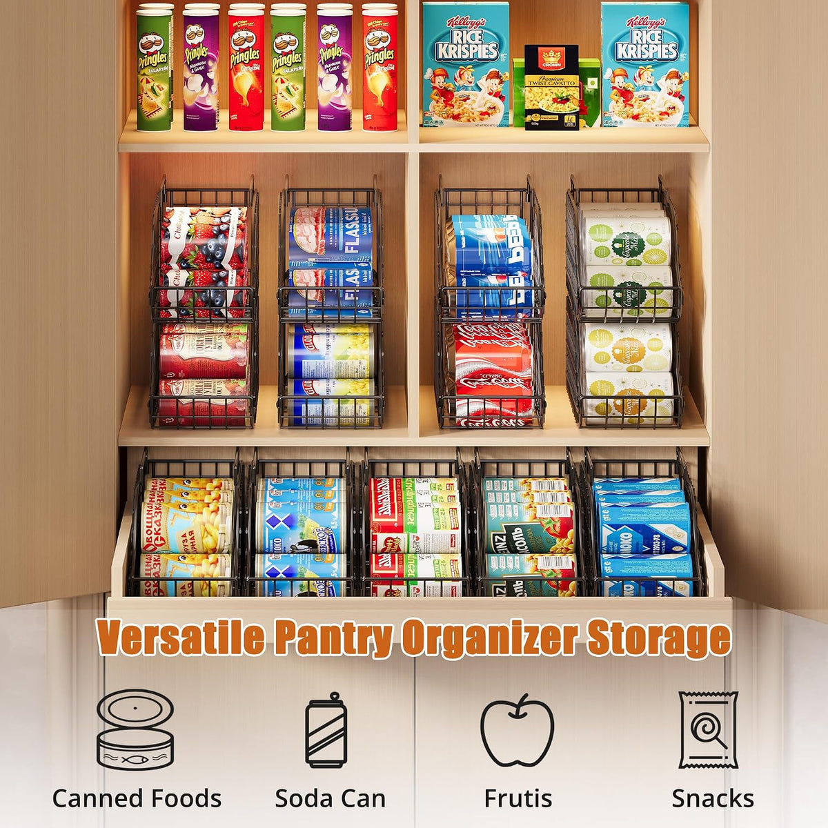 4-Pack Stackable Canned Food Organizer with Handles for Kitchen, Soda Can Organizer for Pantry Shelves, Wire Cabinet Shelf for Can Storage, Foldable Soda Dispenser, Patent Pending, Black