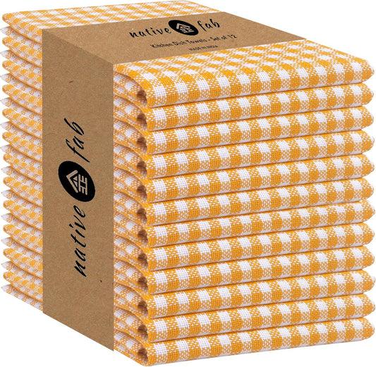 Native Fab 12 Pack Mini Check Yellow Kitchen Towels 16"x26" - Gingham Plaid Cotton Dish Towels - Absorbent Dishcloth Set,
