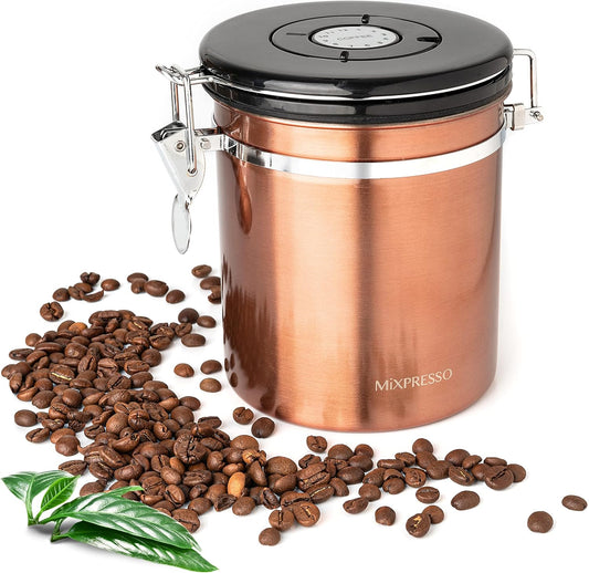Mixpresso 16 Oz Copper Coffee Canister, Stainless Steel Airtight Coffee Container, Ground and Bean Storage with Date