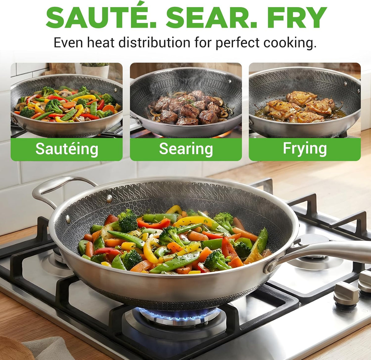 NutriChef 12" Stainless Steel Wok - Induction ready, Non Stick Tri-ply technology, Scratch-resistant Honeycomb Fire Textured Pattern