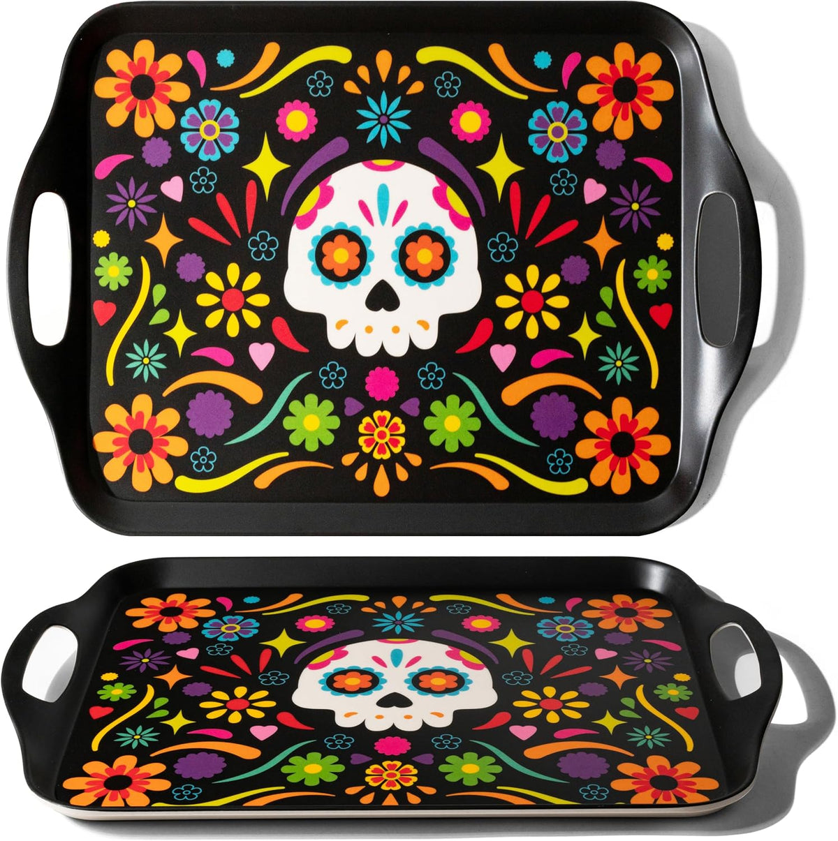 Oasis Choice 2-Pack Dia de Los Muertos Serving Trays, 17.3"×12.2" Calavera Sugar Skull Platters, Durable Bamboo Fiber, Dishwasher Safe for Fiesta &amp; Day of the Dead (Calavera Vibrant, 17inch)