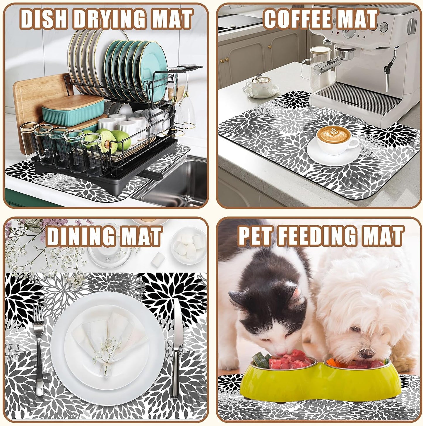 Dish Drying Mat Black and White Chrysanthemum Flower Coffee Bar Mat Absorbent Coffee Mat Rubber Backed Hide Stain Dish Drainer Rack Mat Coffee Maker Coffee Pot Dining Room Decoration 11.8 x 19.7 Inch