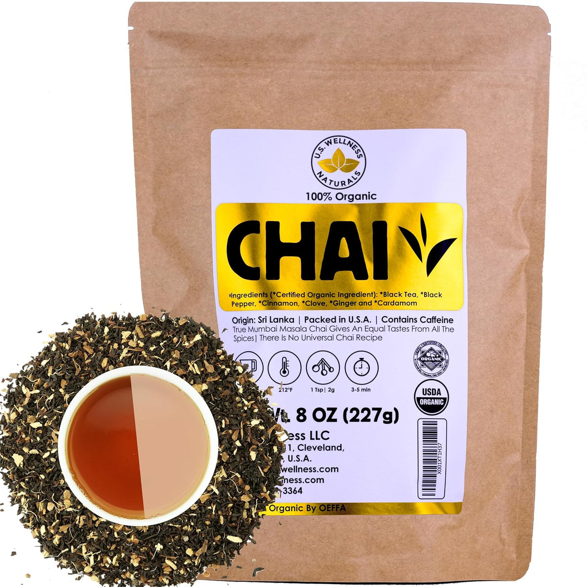 Classic Chai Tea Loose Leaf | CEYLON (110+ Cups) | 100% CERTIFIED ORGANIC Chai Ingredients| Black Tea, Cinnamon, Cardamom, Cloves &amp; Black Pepper | Brews Chai Latte | Ancient Indian House Recipe | 8oz