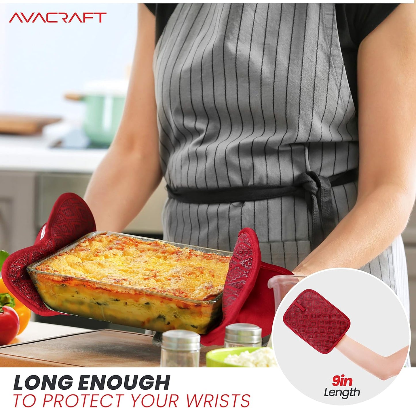AVACRAFT Red Pot Holders Set, Flexible, 100% Cotton with Non-Slip Heat Resistant Silicone Design, Thick Terry Cloth
