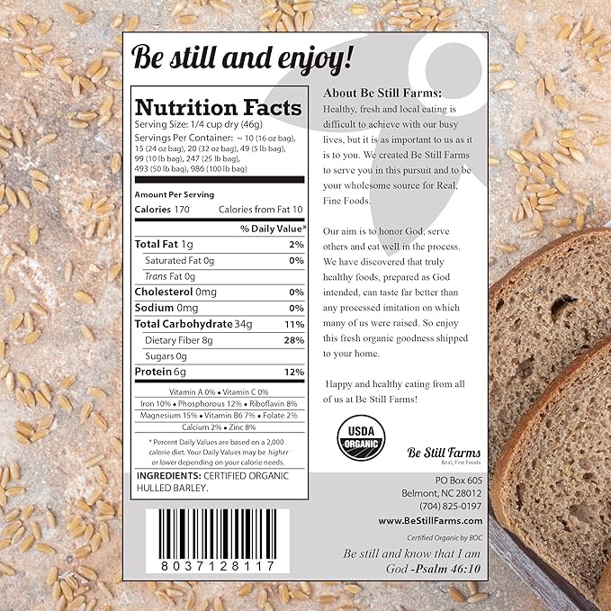Be Still Farms Organic Hulled Barley Grain (4.8lb) - Whole Barley Groat Seed Bulk - Great for Soup, Flour, Cereal, Home Brewing, Grinding - High in Fiber | USA Grown | USDA Certified | Vegan | Non-GMO