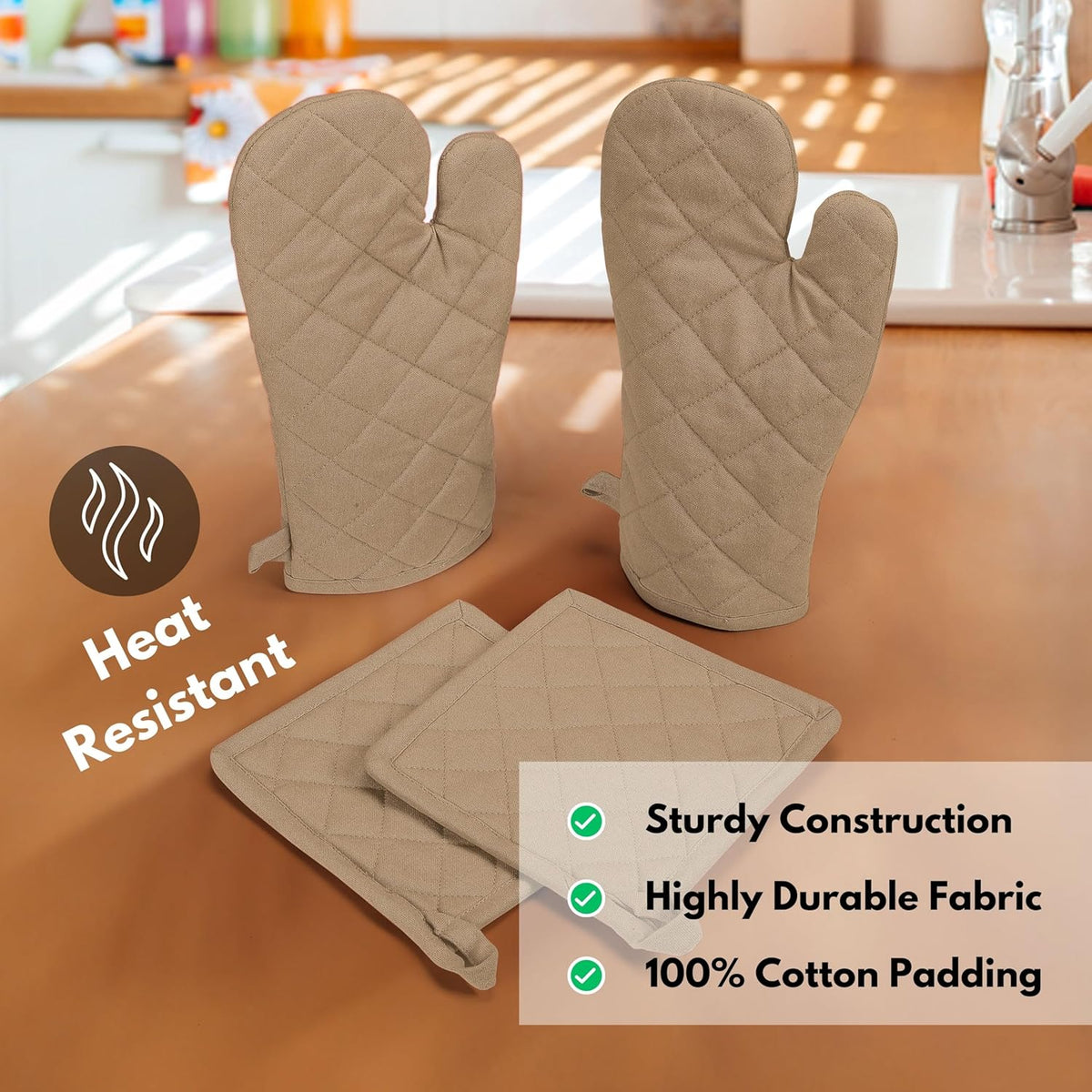 Native Fab Pot Holders and Oven Mitts Sets for Kitchen Heat Resistant- Hanging Non-Slip - 100% Cotton Oven Mitts and Pot Holders 4-Piece Set- Beige