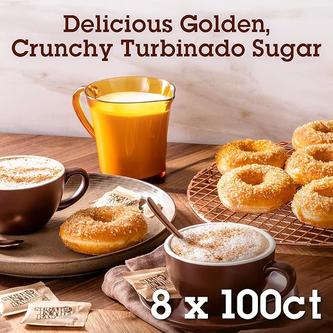In The Raw Turbinado Cane Sugar Packets, 100 Ct Box, 8 Pack, Pure, All-Natural Turbinado Sugar, Non-GMO Project Verified, Kosher, Vegan and Gluten Free