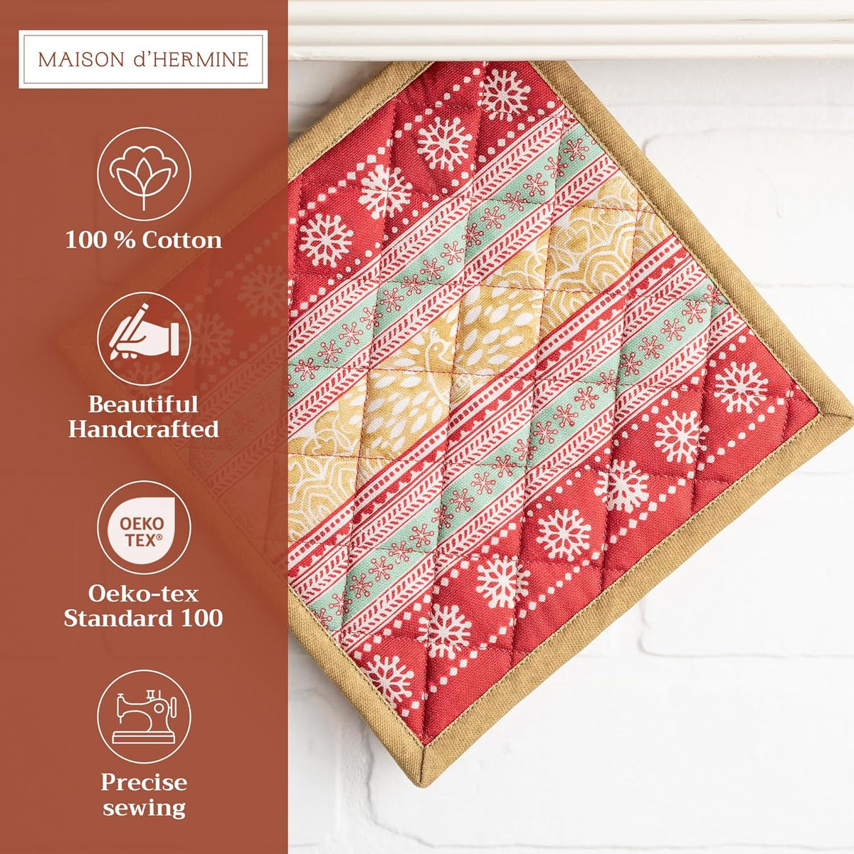 Maison d' Hermine Pot Holders 100% Cotton Heat Resistant Potholders 8" x 8" Hot Pads with Loop BBQ, Cooking, Baking, Grilling, Kitchen, Handling Hot Pans (Pack of 1, Sofia)
