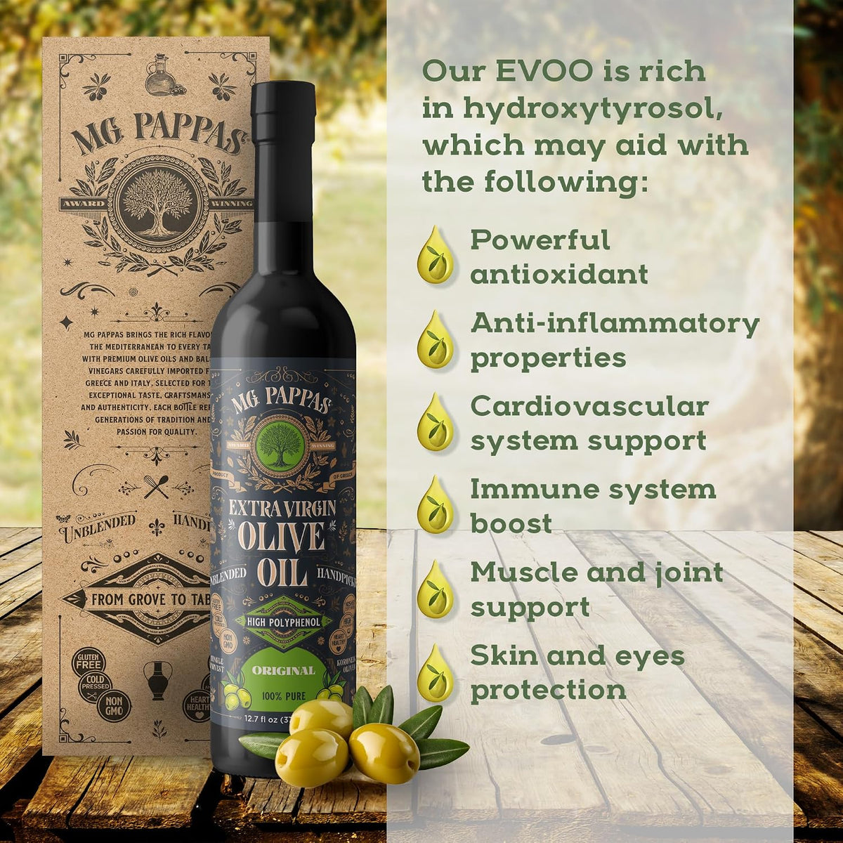 M.G. Pappas Extra Virgin Olive Oil, High Polyphenol EVOO - Cold Pressed &amp; Unfiltered Greek Olive Oil - Over 500mg/kg Polyphenols with High Hydroxytyrosol - Award-Winning Organic Quality - 12.7oz (375ml) Bottle
