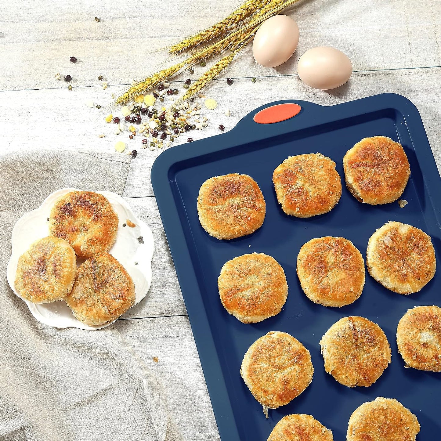 8 in 1 Silicone Baking Set - 6 Cake Molds - 2 Silicone Baking Mat, Nonstick Cookie Sheet, Cake Muffin Bread Pan with Grips and Metal Reinforced Frame More Strength, Navy Blue