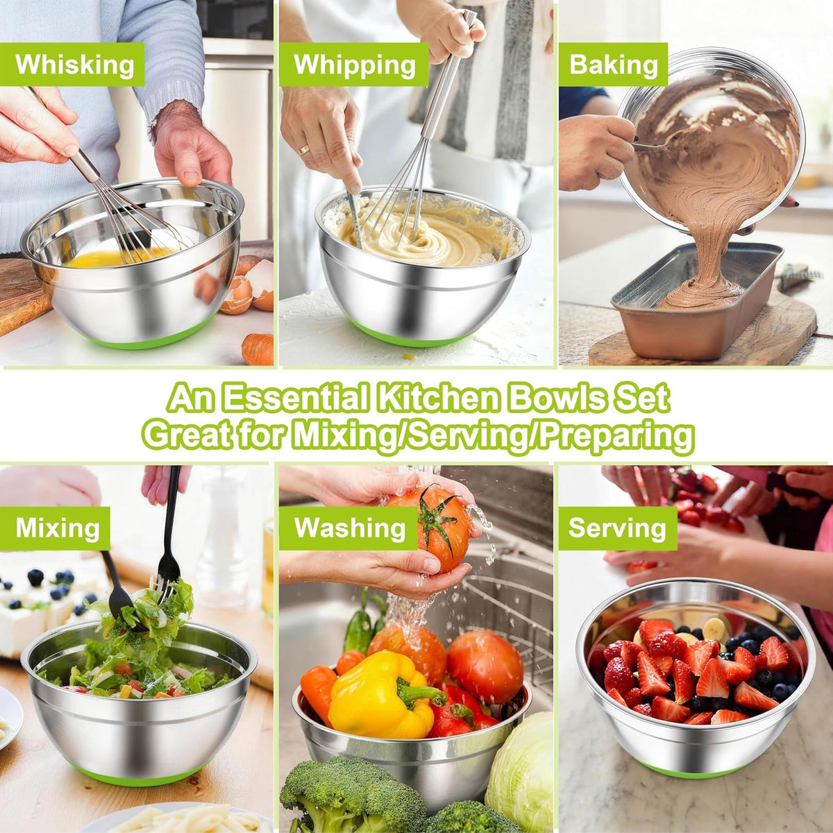 TeamFar Mixing Bowls, Stainless Steel Salad Bowls with Lids - Colorful | Nesting Bowls with Non-slip Bottom, for Kitchen Baking Preparing Serving, Stackable &amp; 6PCS - 4.6 /2.6 /2 / 1.5 /1 / 0.7 Qt
