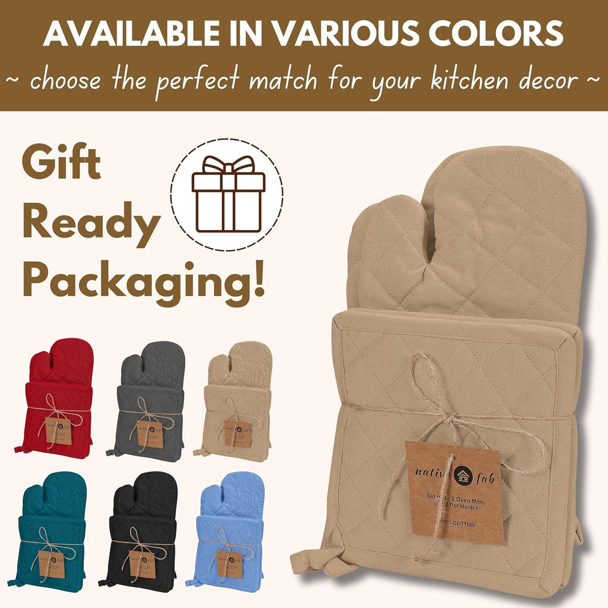 Native Fab Pot Holders and Oven Mitts Sets for Kitchen Heat Resistant- Hanging Non-Slip - 100% Cotton Oven Mitts and Pot Holders 4-Piece Set- Beige