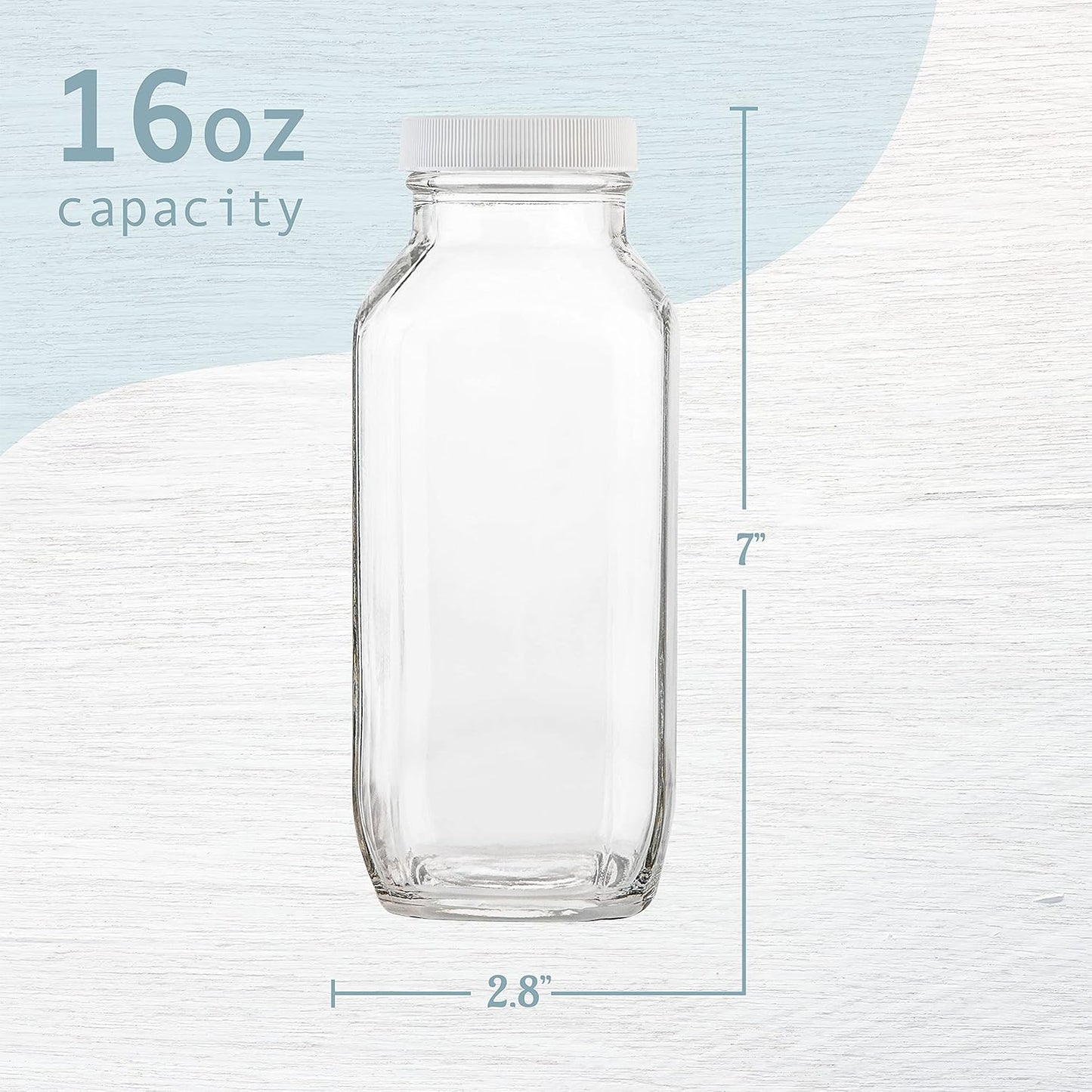 kitchentoolz 16oz Glass Milk Bottles with Lids – 16 oz Reusable Glass Bottles for Milk, Creamer, Juice, Smoothies, Kefir &amp; Yogurt – Airtight Square Drinking Jars for Lunch Box &amp; Fridge – 4 Pack