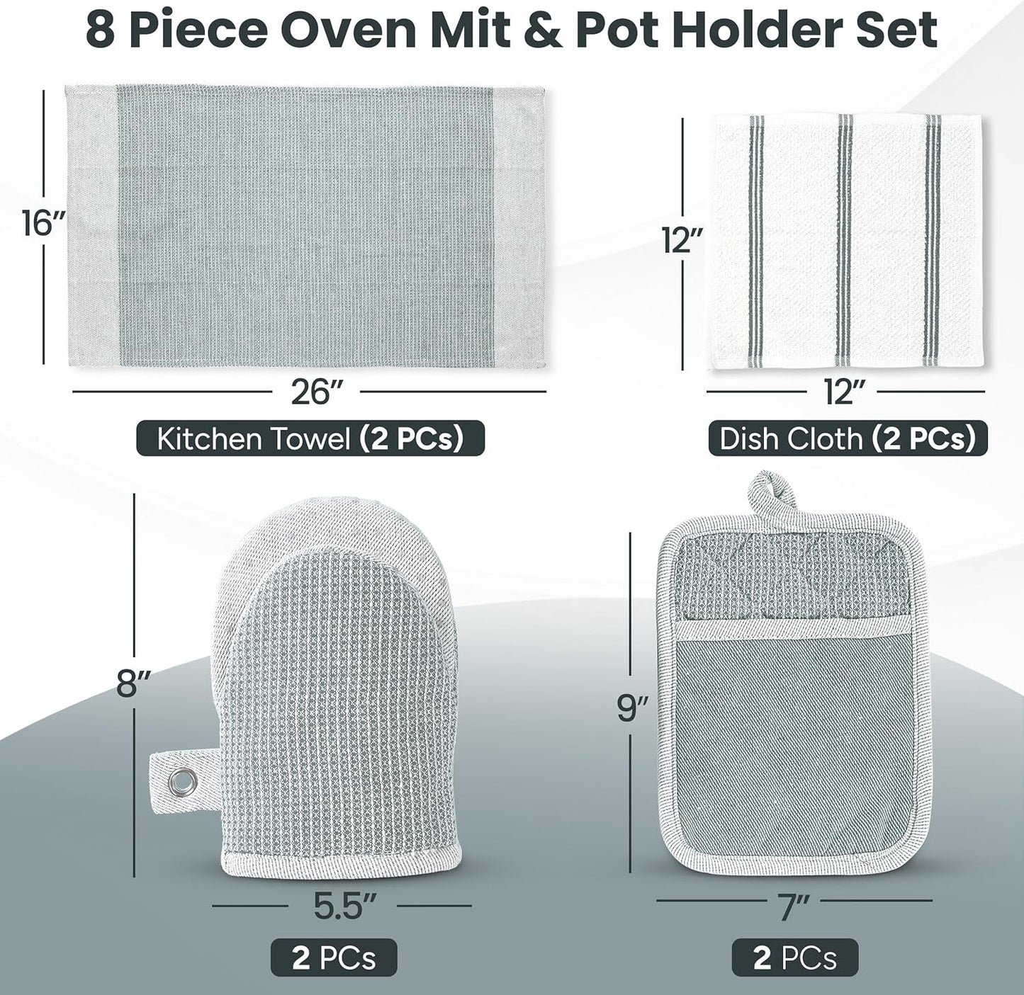 Casa Platino 8-Piece Mini Oven Mitt & Pot Holder Set – 500°F Heat Resistant with Silicone Grip, Includes 2 Kitchen Towels &