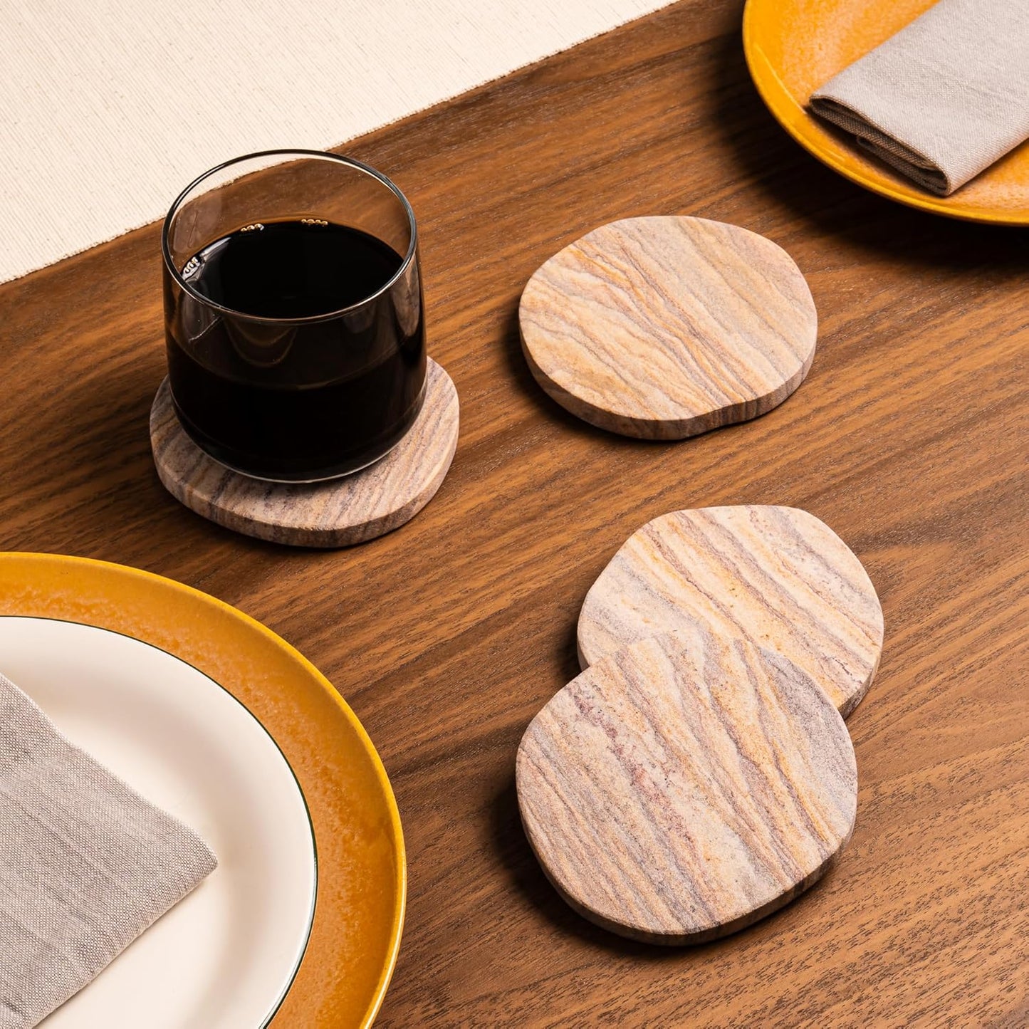 Cork &amp; Mill Absorbent Sandstone Coasters for Drinks, Set of 4 | Water Absorbing Natural Stone, 4 Inch Round with Irregular Edge, Ideal for Coffee Table, Outdoor, Bedroom Nightstand