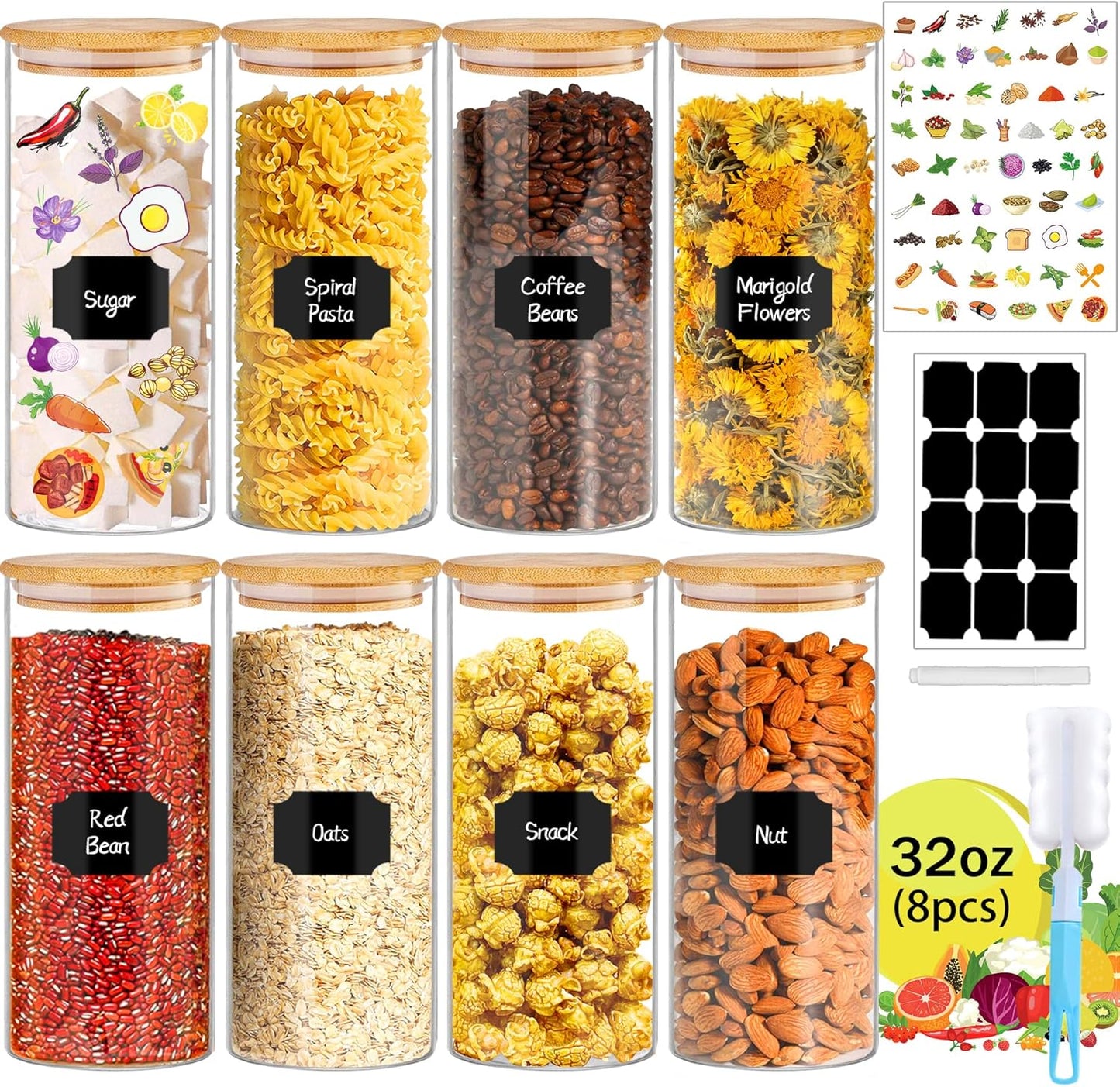 32 oz 8 Pcs Glass Jars with Bamboo Lids, Stackable Clear Food Storage Jars, Airtight Kichen Glass Pa