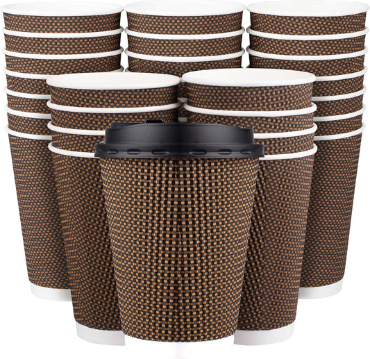 Promora Brown Disposable Coffee Cups With Lids 12 oz, Premium Insulated Paper Ripple Cups for Hot Coffee, Paper Cups 12 oz