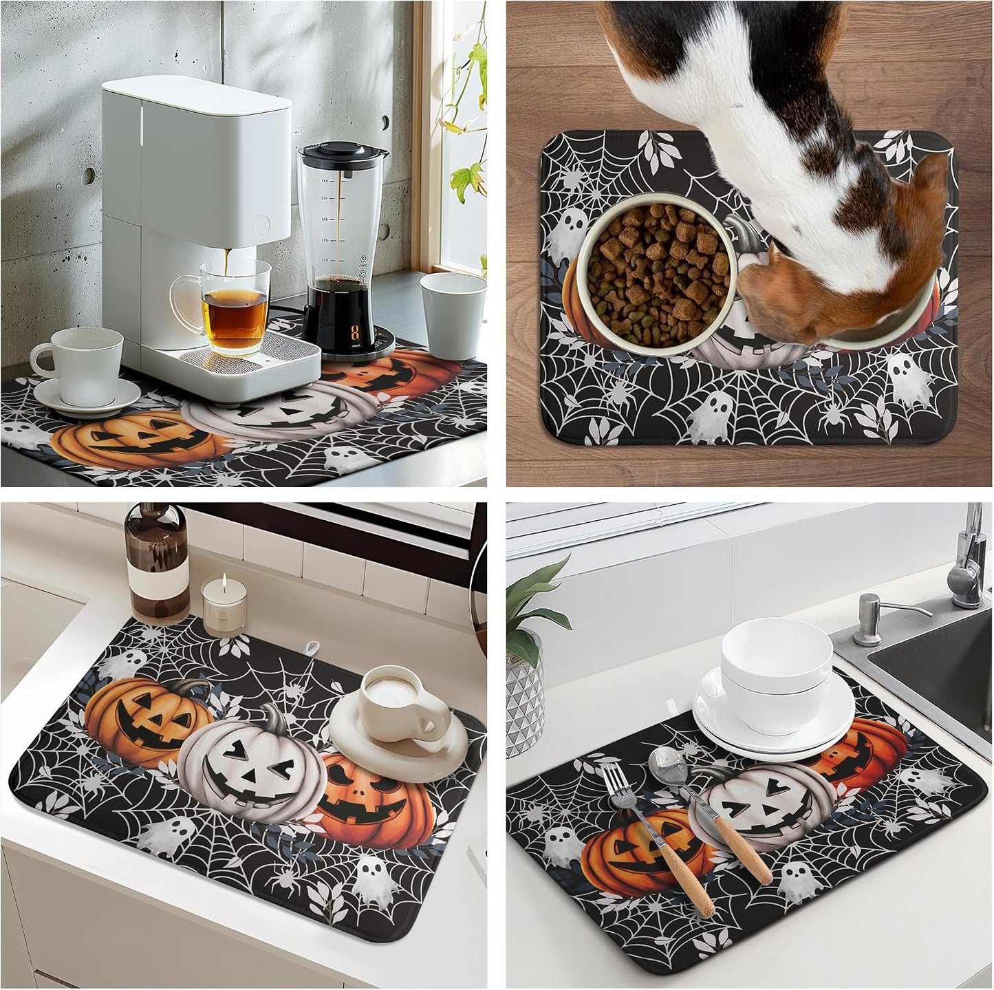 Halloween Pumpkin Dish Drying Mats Spooky Ghost Dish Mat Kitchen Spiders Large Drying Matt Dishes Dryer Pad for Kitchen Counter Absorbent Microfiber Washable Foldable Reusable 18x24 in