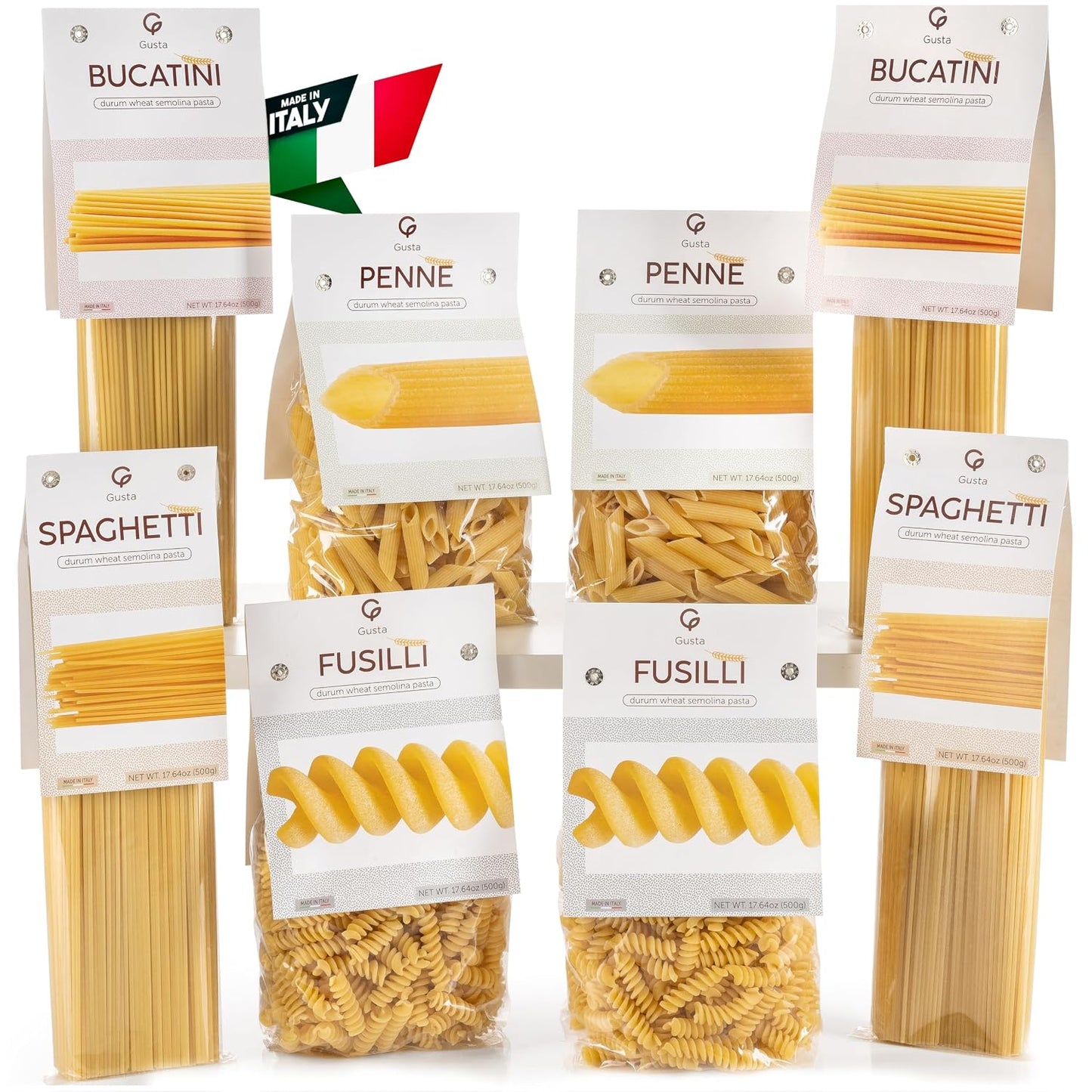 Gusta Bucatini Pasta Noodles Variety Pack - Premium Italian Pasta from Italy - Durum Wheat Semolina - Slow Drying - Non-GMO &amp; Gourmet - Family Owned Brand - 17.64oz / 500g (8 Pack)