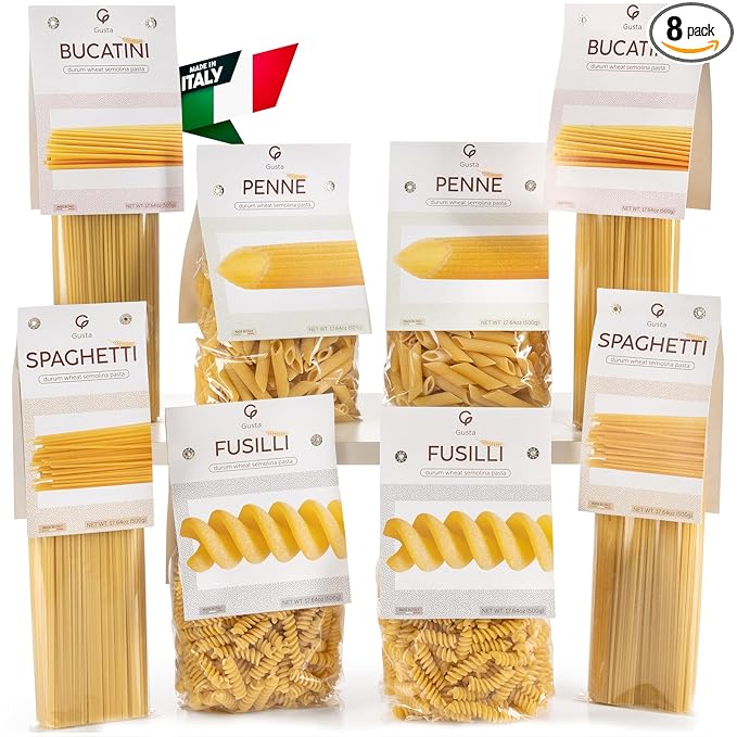 Gusta Bucatini Pasta Noodles Variety Pack - Premium Italian Pasta from Italy - Durum Wheat Semolina - Slow Drying - Non-GMO & Gourmet - Family Owned Brand - 17.64oz / 500g (8 Pack)