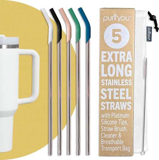 purifyou 14.5" Extra Long Stainless Steel Drinking Straws with Silicone Tips, Reusable Metal Straws for Tumblers, Smoothies,