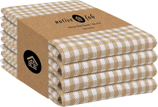 Native Fab Beige Gingham Kitchen Dish Towels 4 Pack 16"x26" - 100% Cotton Absorbent Plaid Tea Towels, Dish Cloths for Quick