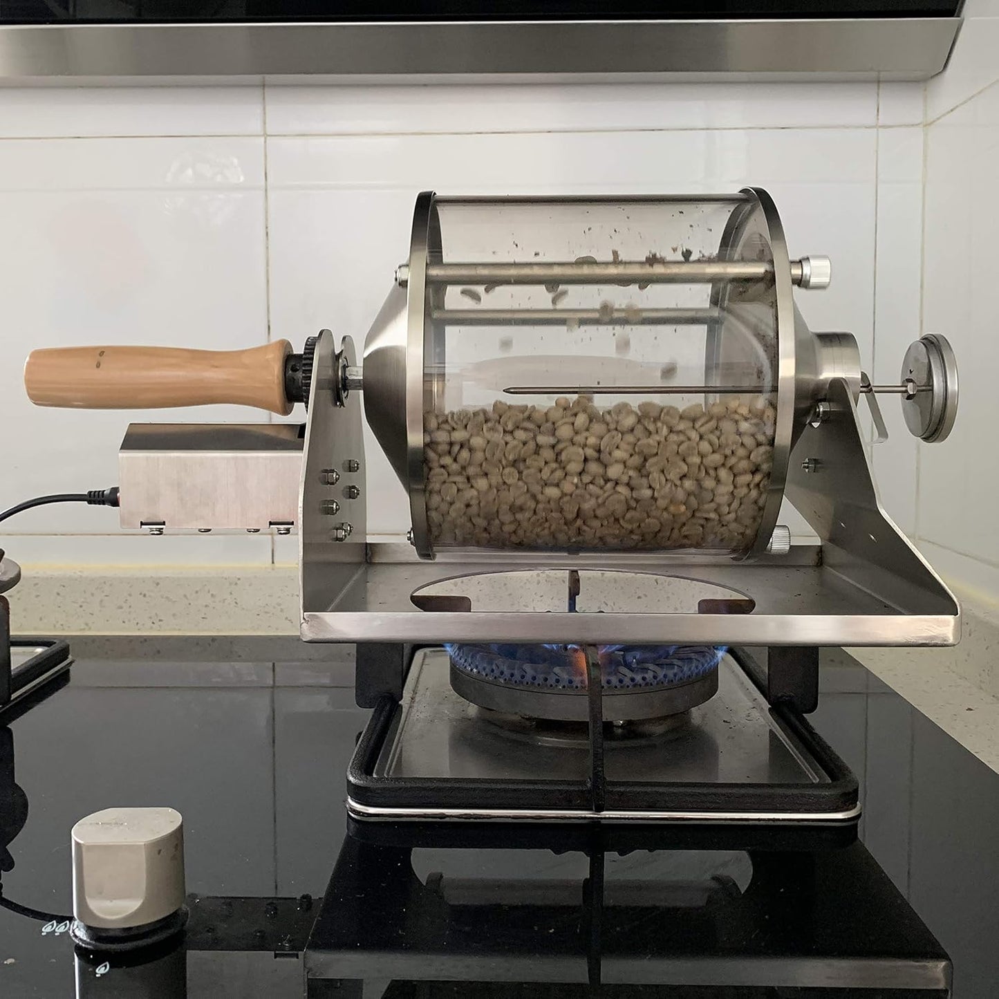 Coffee Roaster Gas Burner Coffee Roasting Machine for Home Use, 400g Capacity, Quartz Glass Drum, Stainless Steel Frame, Peanut and Nut Roaster