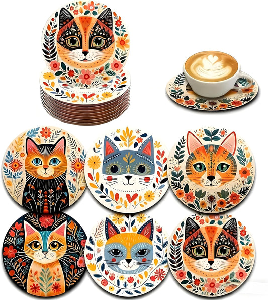 Wood Coasters Set of 6 - Handcrafted Drink Coaster Thick Heat-Resistant for Office, Bar, Farmhouse - Cute Cat Drink Cup