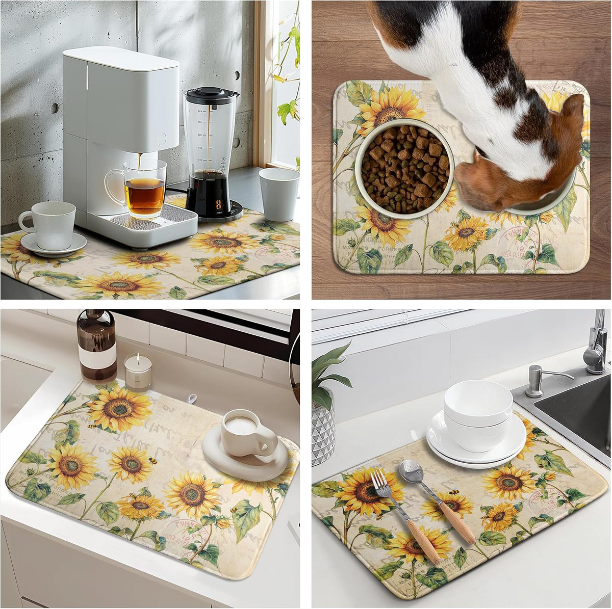 Spring Summer Dish Drying Mat Sunflower Kitchen Dish Drying Pad Absorbent Vintage Drying Mat for Countertops Dish Dryer Mat Microfiber Dishes Drainer Pad Dish Drying Rack Mat (18x24 in)