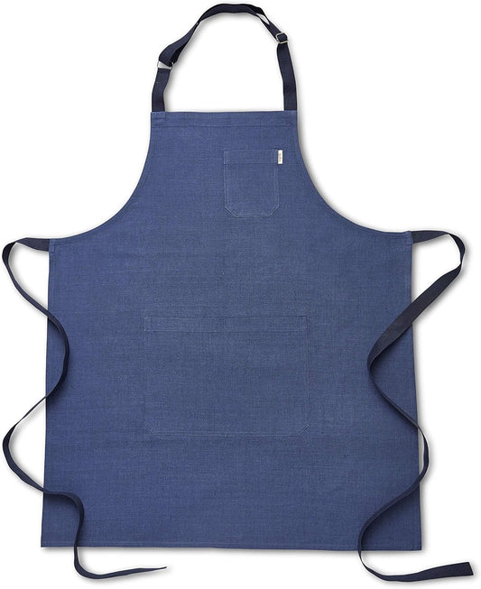 Solino Home Linen Kitchen Apron for Men & Women - 100% Pure Linen Blue/Navy Bib Apron with Front Pockets - Handcrafted from