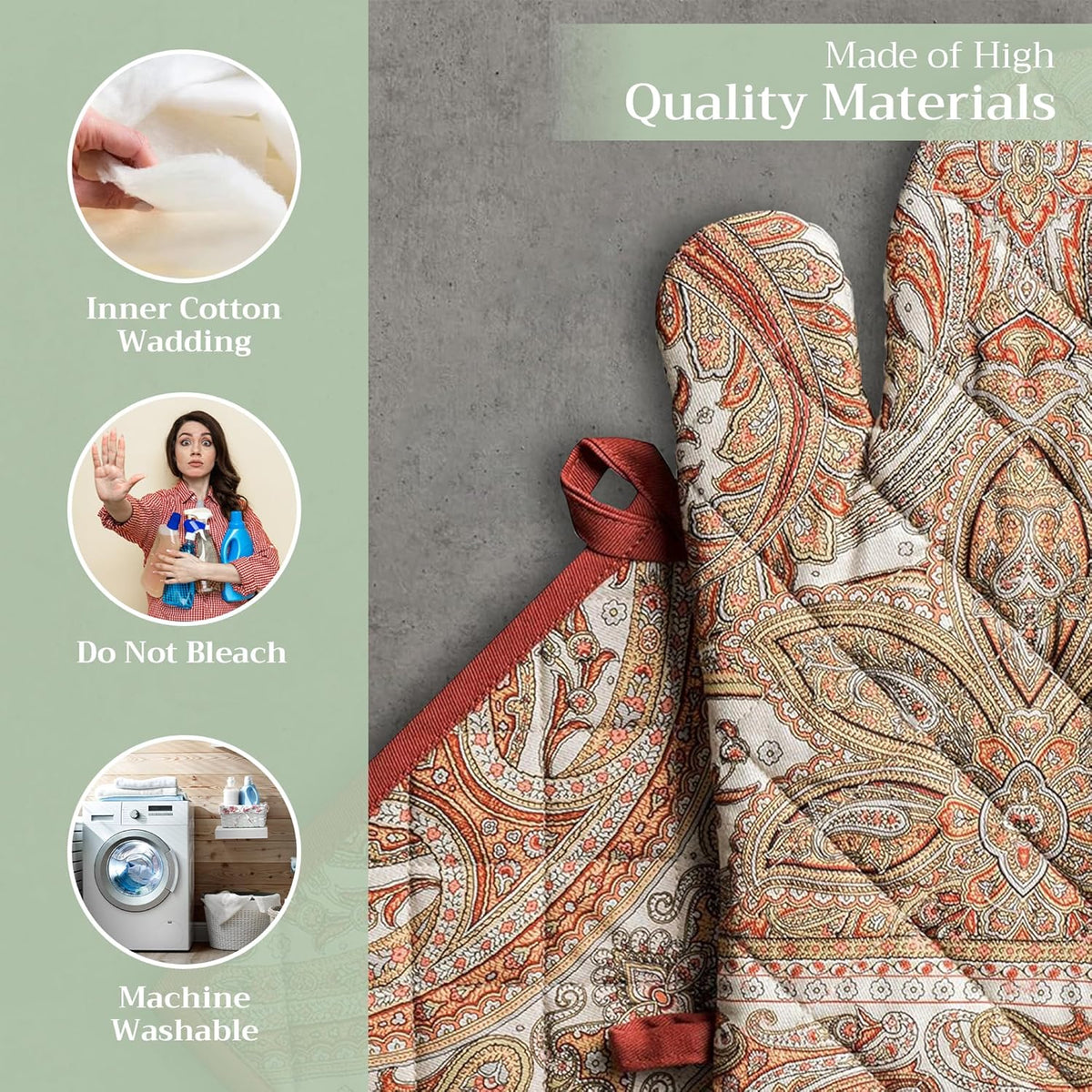 Maison d' Hermine 100% Cotton Oven Mitt & Pot Holder Set (7.5"x13" & 8"x8") Heat Resistant BBQ Cooking Gloves with Loop, Baking, Grilling, Kitchen, Handling Hot Pans (Kashmir Paisley)