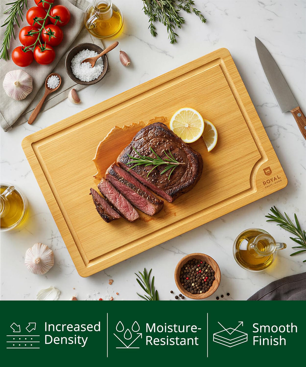 ROYAL CRAFT WOOD Wooden Cutting Boards for Kitchen Meal Prep &amp; Serving - Bamboo Wood Serving Board Set with Deep Juice Groove Side Handles - Charcuterie &amp; Chopping Butcher Block for Meat