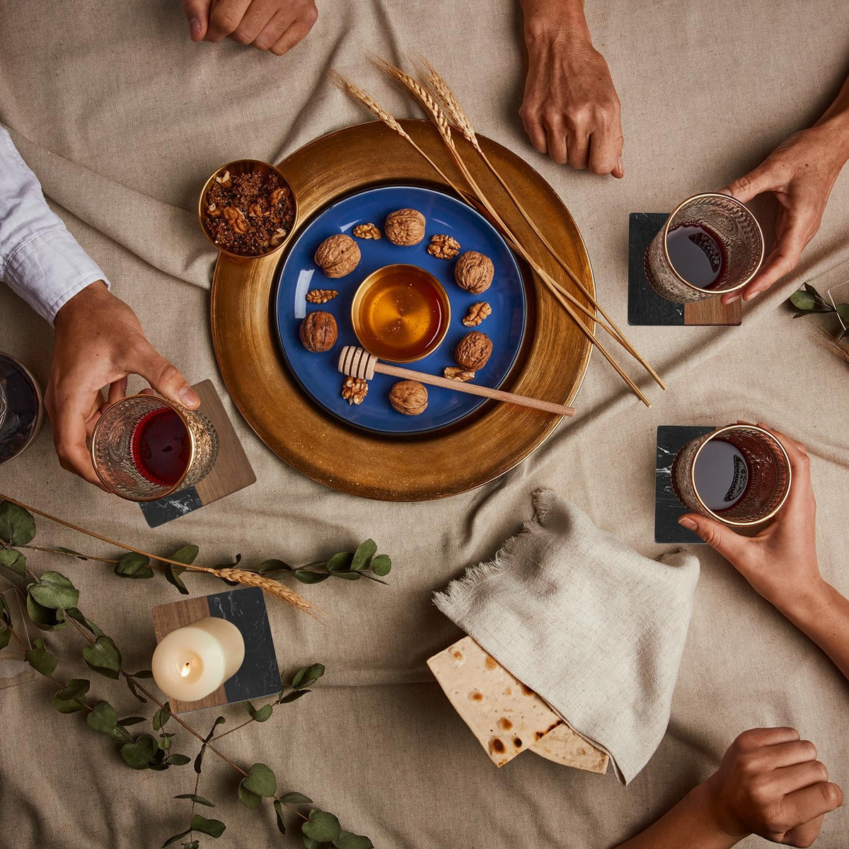 Marble Coasters: 4-Piece Set of Acacia Wood Marble Coasters, Suitable for Kitchens, Offices, and can be Used as Gifts (Black Square)