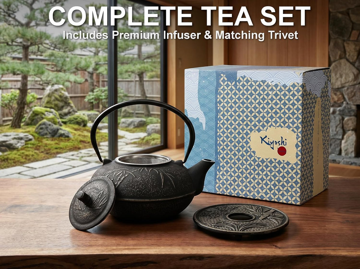 85 Oz XXL Black Bamboo Cast Iron Teapot, Enamel Interior, Infuser &amp; Trivet