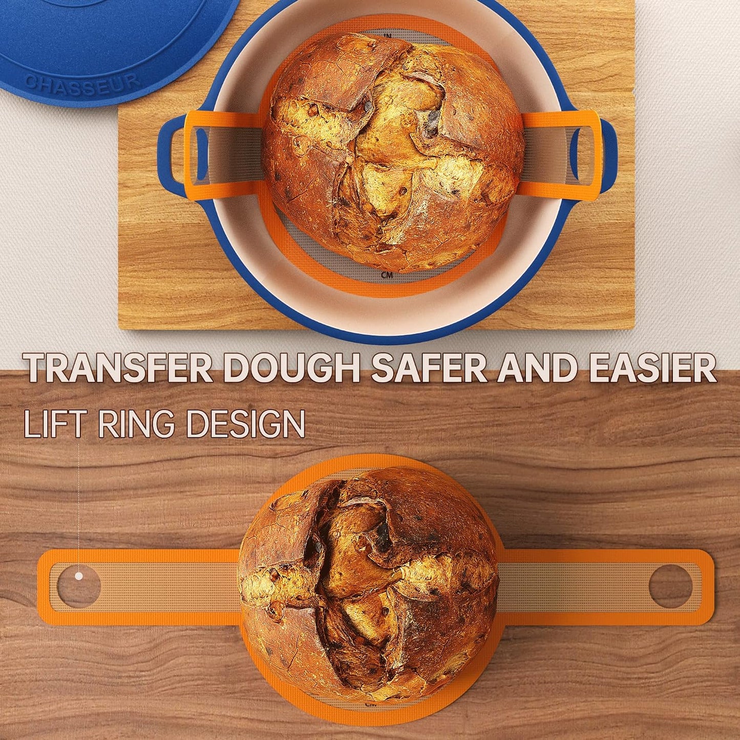 GUYGUYDREMAT Bread Sling for Dutch Oven – Heavy-Duty Reusable Silicone Baking Mat with Finger-Loop Handles, Non-Stick Sourdough Bread Liner, Fits 8–9 Inch Baskets (2-Pack, High-visibility Orange)