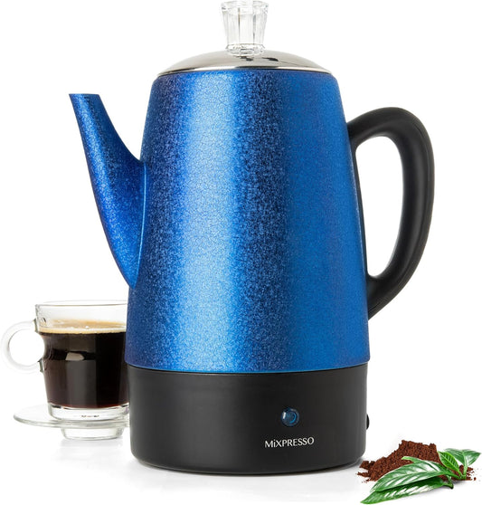 Mixpresso 10 Cup Percolator Coffee Pot Electric, Stainless Steel Coffee Percolator Electric With Keep Warm Function, Classic Perculator Pot With Removable Basket for Home or Office - Shiny Blue