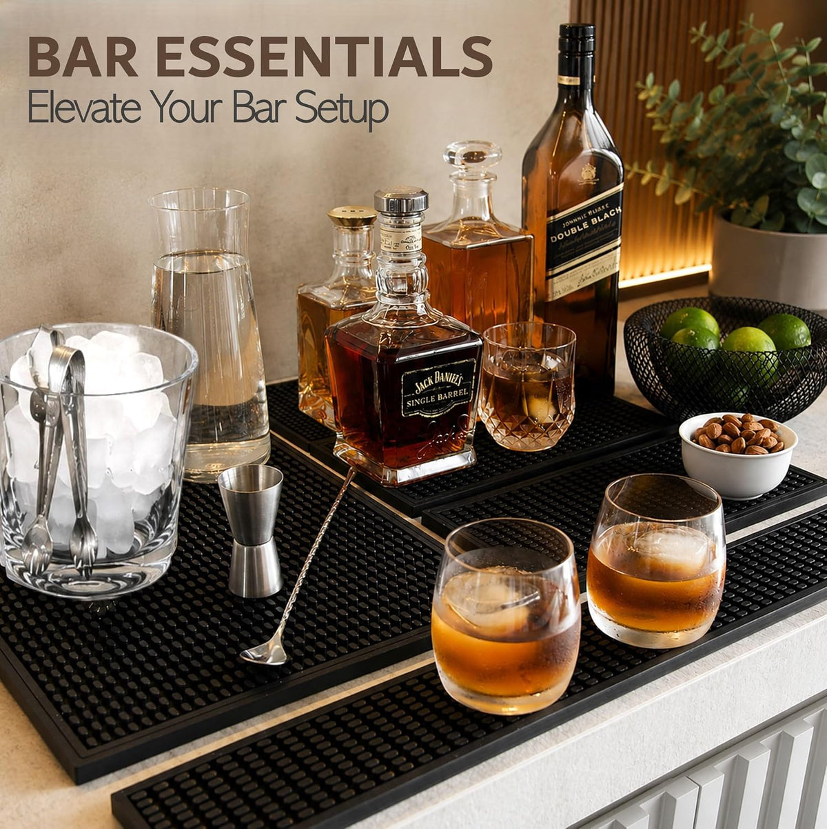 Rubber Bar Mat – Non-Slip Spill &amp; Drip Mat for Bartending, Coffee Bar &amp; Kitchen Countertop, Thick Durable Counter Protector &amp; Stylish Drying Mat (Total Black, 23.6" x 3.1")