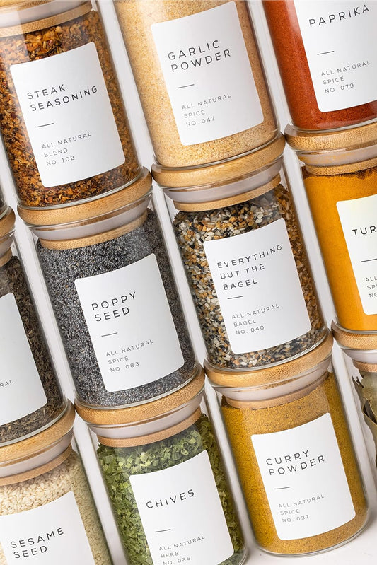 Empty Spice Jars with Label Pack (12x Bamboo Lid Glass Jar). Small 6oz Spice Storage Bottles with 112 Printed Stickers and