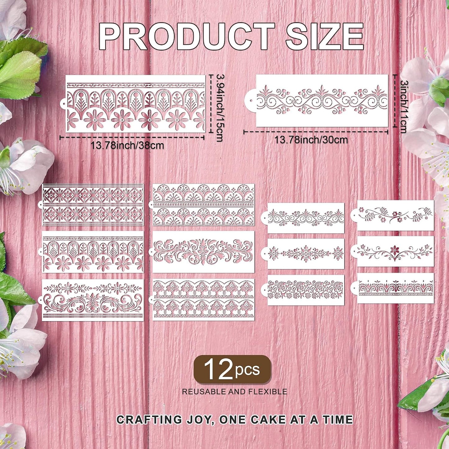 Sitsink Cake Stencils Decorating for Baking - 12 Pcs Reusable Floral Border Stencils, Mexican Art Flower Lace Stencil, Buttercream Templates for Painting on Wood Crafts