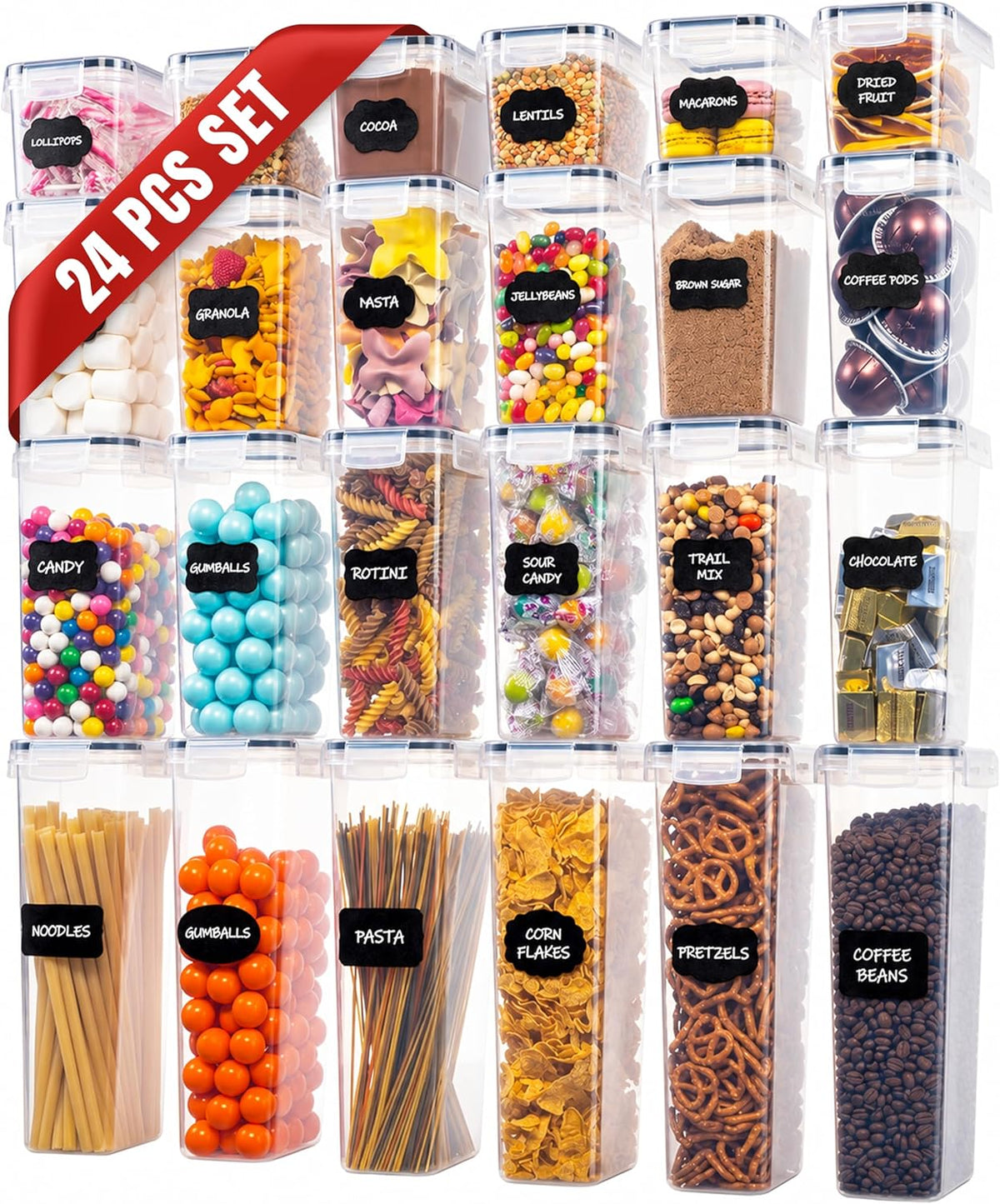 Airtight Food Storage Containers Set - Air Tight Pantry Storage Containers with Lids - Pasta Flour Sugar Cereal Containers - Storage Containers for Food - Kitchen Storage Container (Clear-24 Pack)