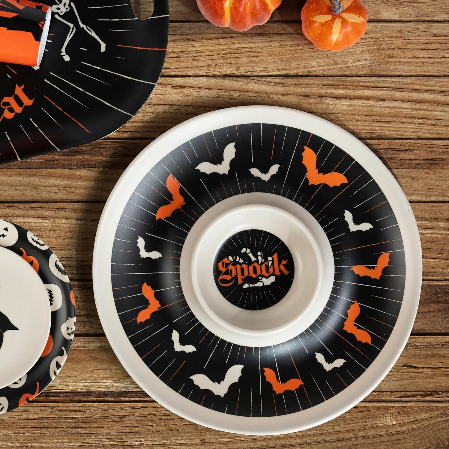 Oasis Choice 2-Pack Halloween Skeleton Serving Trays, 18" Large Handled Tray & 13" Chip & Dip Platter for Horror Party, BBQ