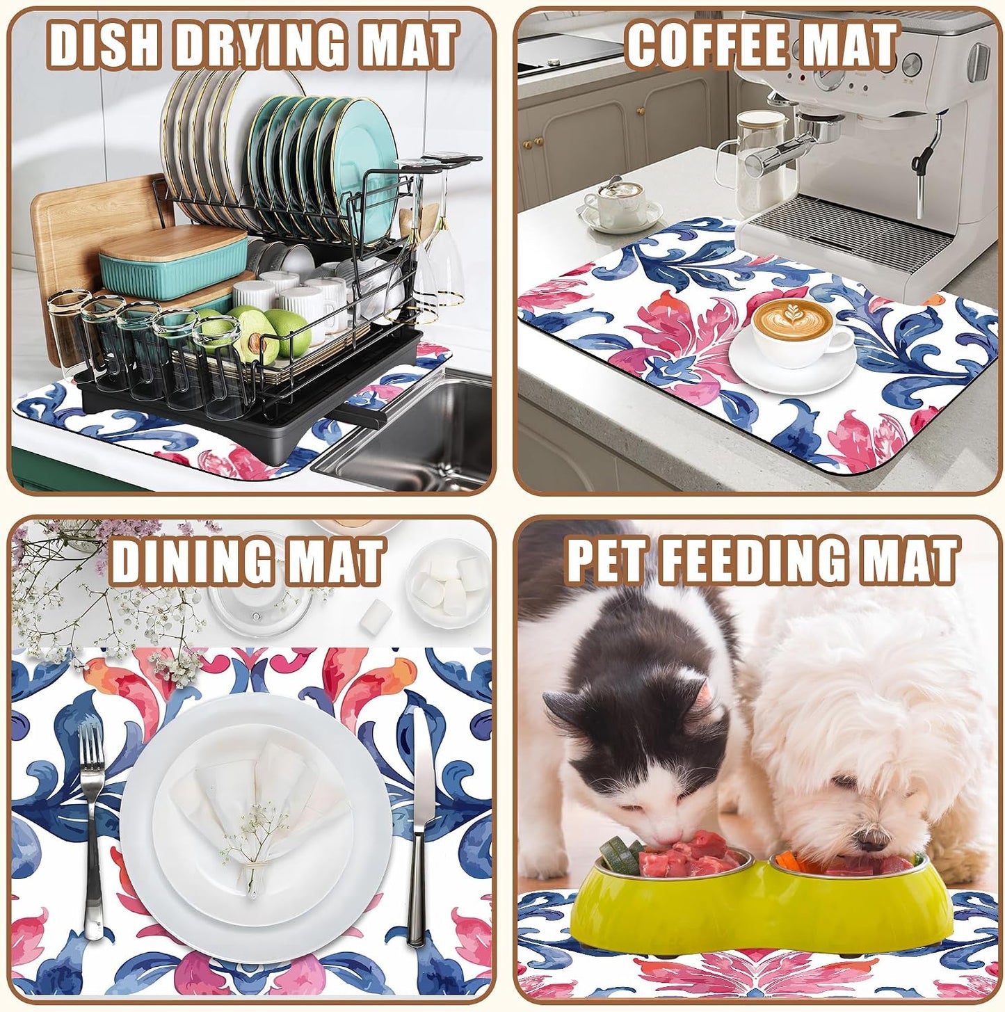 Blue and Pink Damask Coffee Mat Absorbent Dish Drying Mat for Kitchen Counter Hide Stain Coffee Bar Accessories with Rubber Backed Fit Under Espresso Machine Cafe Table, 15.7 x 23.6 Inch