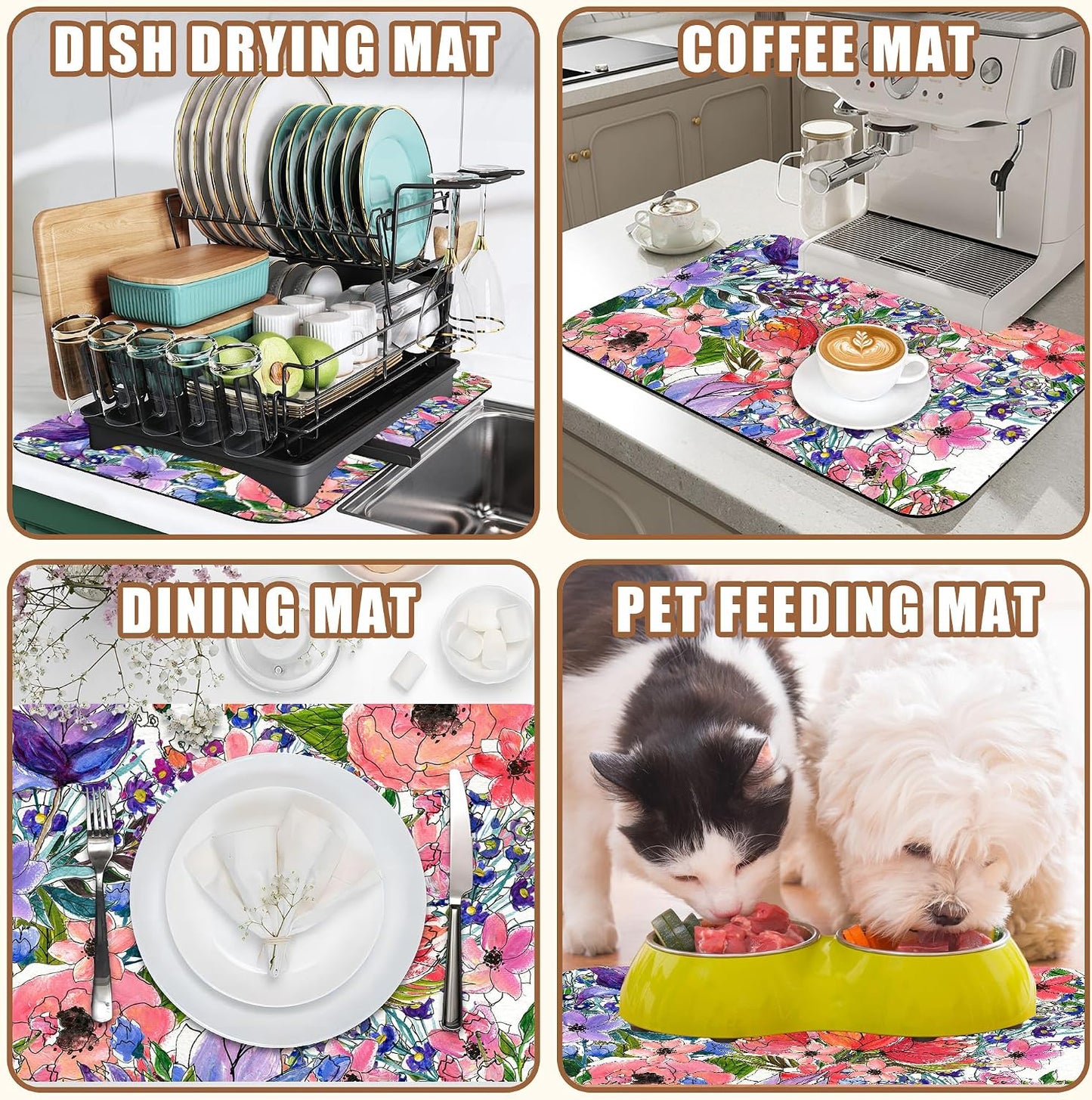 Dish Drying Mat Watercolor Colorful Floral Coffee Bar Mat for Countertop Absorbent Rubber Backed Hide Stain Dish Drainer Rack Pad Coffee Maker Espresso Machine Dining Room Decor 15.7 x 23.6 Inch