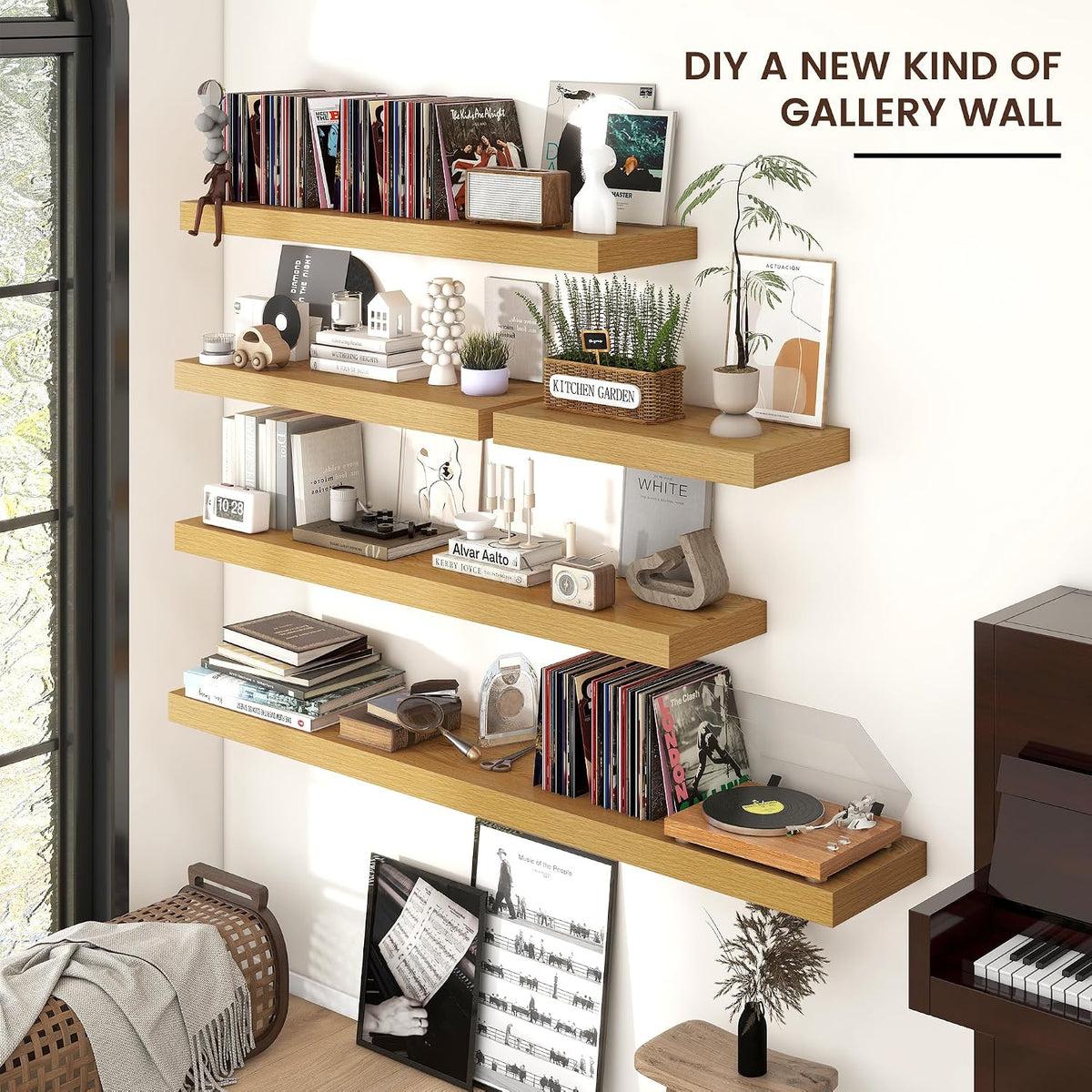 24 Inch Floating Shelves for Wall, 9"D Wood Storage Shelves, Oak Finish