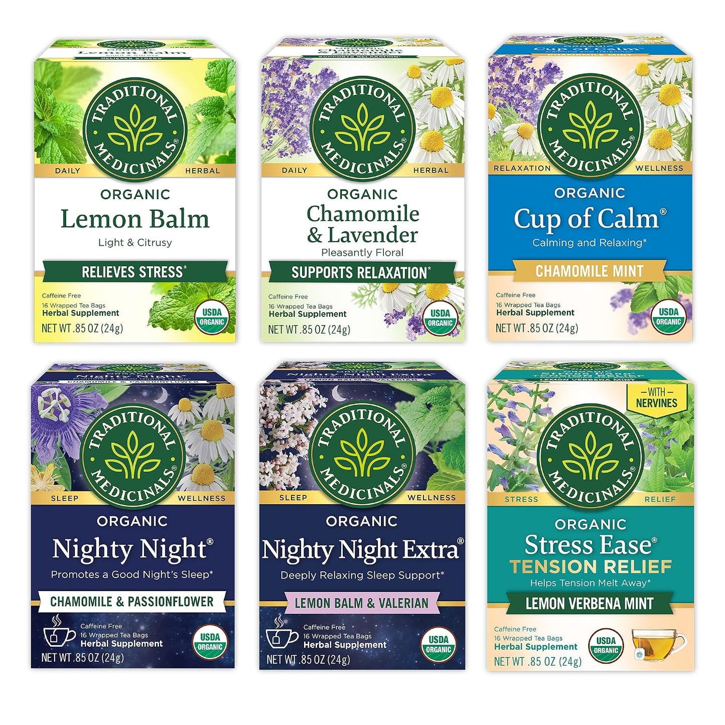 Traditional Medicinals Organic Stress &amp; Sleep Variety Pack, 96 Tea Bags | 6 Flavors, Lavender, Chamomile, Lemon &amp; Valerian Root, 96 Tea Bags, (6 Pack)