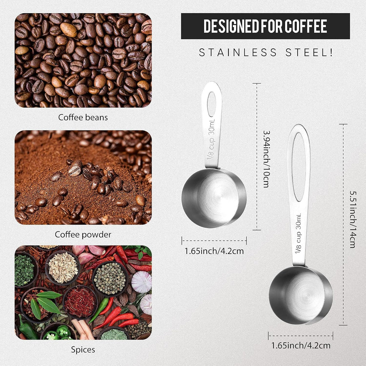 Geiserailie 4 Pcs Coffee Scoop 2 Tablespoon, Stainless Steel 30 ml | 2 Short 2 Long Handles for Tea Sugar Milk, Precise 1/8 Cup Measure, Durable Metal for Kitchen Coffee Bar