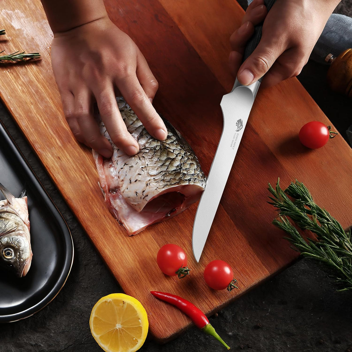 TUO Boning Knife, 6 inch Fillet Knife for Trimming Fat from Meat, Deer Skinning, Full Tang Handle, High Carbon German Steel, for Poultry Lamb Meat Cutting - Black Hawk Series