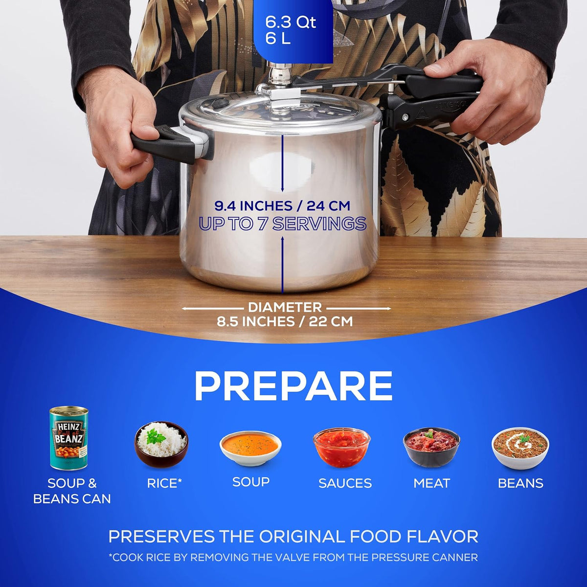 Universal (6.3 Quart / 6 Liter) Pressure Cooker, 7 Servings, Aluminum Pressure Cooker With Multiple Safety Systems and Heat Resistant Handles For Stews, Soup, Meat, and Beans