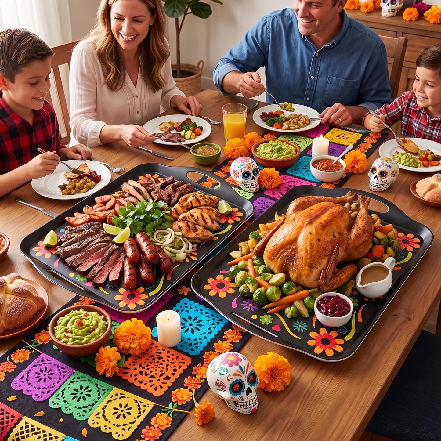 Oasis Choice 2-Pack Dia de Los Muertos Serving Trays, 17.3"×12.2" Calavera Sugar Skull Platters, Durable Bamboo Fiber, Dishwasher Safe for Fiesta &amp; Day of the Dead (Calavera Vibrant, 17inch)